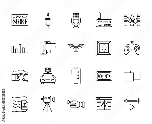 Media and technology line icon set. Vector pictograms of microphone, camera, drone, mixer, audio jack, gamepad, VR headset, and waveform, thin linear illustration.
