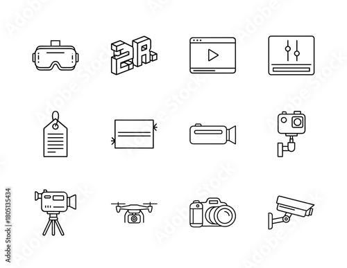 Digital media and photography line icon set. Vector pictograms of VR headset, AR, video player, camcorder, drone, DSLR, and security camera, thin linear illustration.