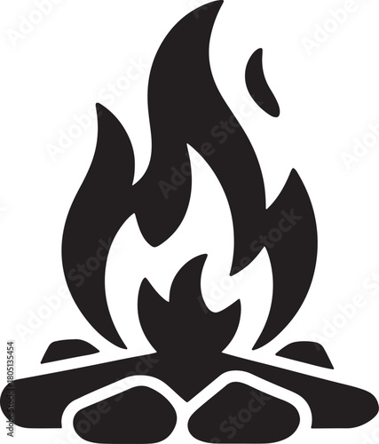 Black Silhouette Icon of a Campfire with Flames on White Background burning heat