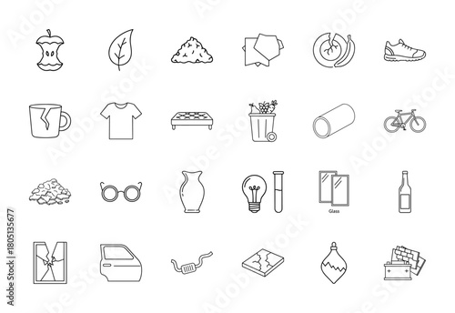Waste and recycling line icon set. Vector pictograms of an apple core, leaf, paper, broken plate, shoe, mug, trash can, bicycle, and broken glass, thin linear illustration.