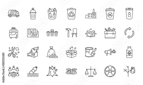 Environmental and recycling line icon set. Vector pictograms of garbage truck, recycling bin, factory, waste, plastic, pollution, and discarded items, thin linear illustration.