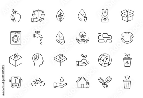 Ecology and sustainability line icon set. Vector pictograms of apple, justice scales, leaves, tree, recycling, smart home, bicycle, transport, and earth, thin linear illustration.