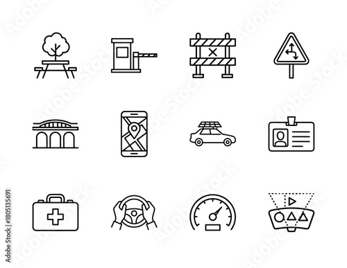 Travel, driving, and road trip line icon set. Vector pictograms of infrastructure, navigation, safety, vehicle controls, and roadside amenities, thin linear illustration.