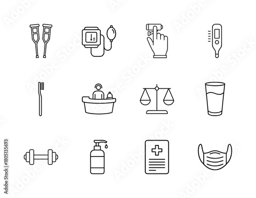 Health and wellness line icon set. Vector pictograms of crutches, blood pressure monitor, pulse oximeter, thermometer, toothbrush, balance scales, dumbbell, and face mask, thin linear illustration.
