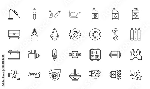 Automotive line icon set. Vector pictograms of spark plugs, oil bottles, car batteries, starter motors, turbochargers, ECU, brake discs, and vehicle parts, thin linear illustration.