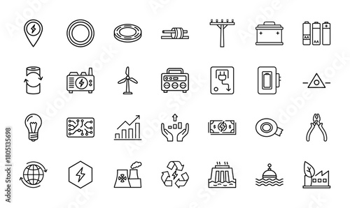 Electricity and energy line icon set. Vector pictograms of generators, wind turbines, power plants, batteries, light bulbs, circuit boards, and recycling, thin linear illustration.