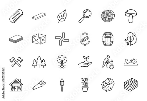 Forestry and woodworking line icon set. Vector pictograms of wood planks, leaf, tree rings, barrel, axes, trees, sapling, and woodworker, thin linear illustration.