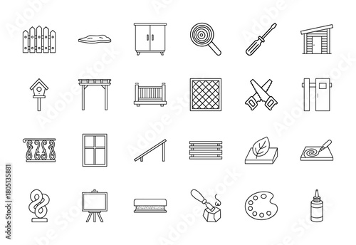 Woodworking and crafting line icon set. Vector pictograms of fence, birdhouse, cabinet, screwdriver, shed, saws, gate, easel, and glue, thin linear illustration.