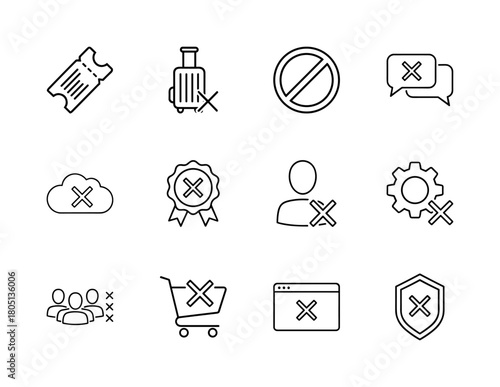 Cancel, deny, and remove line icon set. Vector pictograms of a ticket, luggage, chat bubble, cloud, user, settings gear, and shopping cart, thin linear illustration.