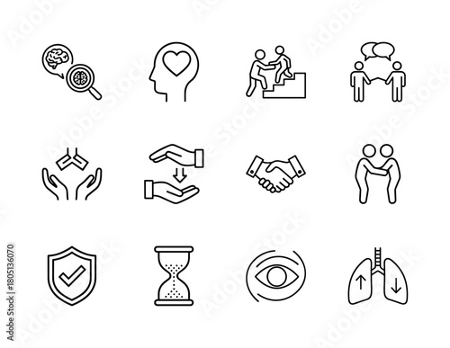 Human interaction and well-being line icon set. Vector pictograms of cognition, empathy, teamwork, communication, collaboration, trust, security, and time, thin linear illustration.