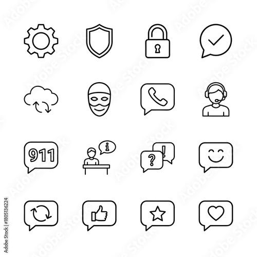 Web and app line icon set. Vector pictograms of settings gear, shield, padlock, cloud sync, user support, phone calls, and various chat bubbles, thin linear illustration.