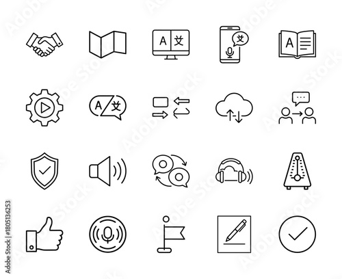Communication, language, business line icon set. Vector pictograms of handshake, translation, smartphone, cloud, security. Thin linear illustration.