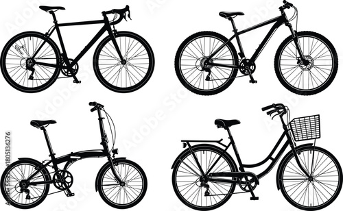Vector collection of black bicycle silhouettes including road, mountain, folding, and city bikes, isolated on white background.