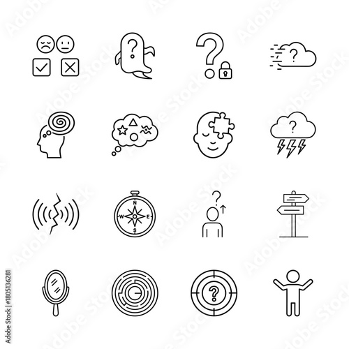 Mind and problem-solving icon set. Vector pictograms of feedback, confusion, inquiry, solutions, direction, and self-reflection, thin linear illustration.