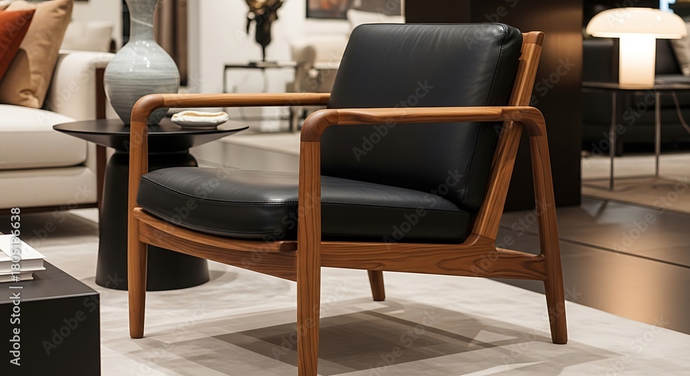 Obraz premium Leather armchair with wooden frame interior