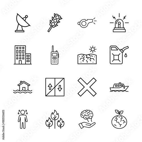 Emergency, disaster, and communication line icon set. Vector pictograms of satellite, siren, radio, building, drought, flood, fire, and environmental concerns, thin linear illustration.