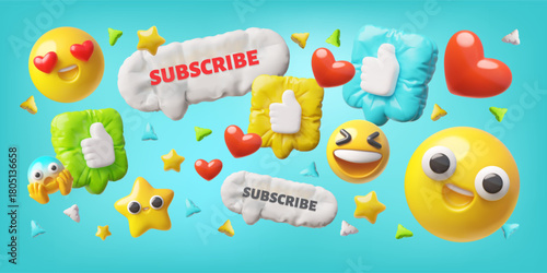 Speech bubbles with thumbs up and subscribe text from inflated balloon, smiley emoji, text box 3D cartoon vector design