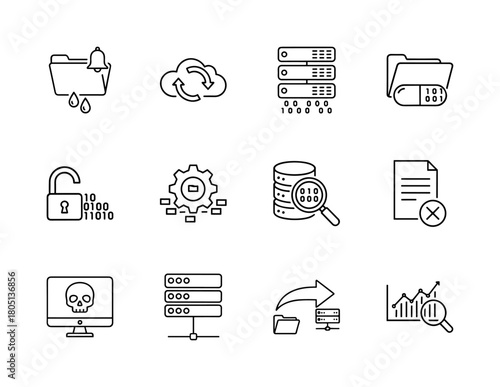 Information technology line icon set. Vector pictograms of data security, cloud sync, server racks, encryption, and cyber threats, thin linear illustration.