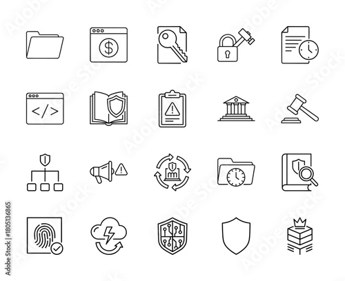 Cybersecurity, legal, and data management line icon set. Vector pictograms of folders, documents, shields, security, law, and privacy elements, thin linear illustration.