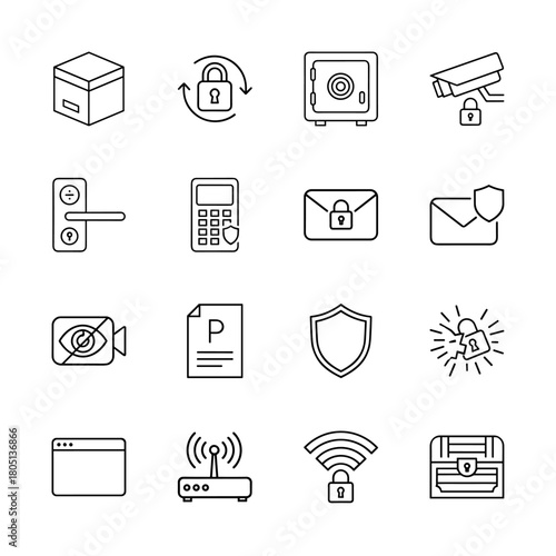Security and privacy line icon set. Vector pictograms of padlocks, safe, CCTV camera, protected mail, secure wifi, and network router, thin linear illustration.