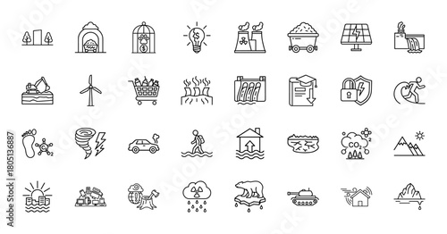 Environmental protection and climate change line icon set. Vector pictograms of factories, wind turbines, solar panels, carbon emissions, natural disasters, and pollution, thin linear illustration.