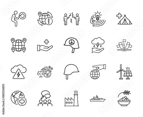 Global issues line icon set. Vector pictograms of global crisis, conflict, innovation, first aid, charity, renewable energy, industry, and food, thin linear illustration.