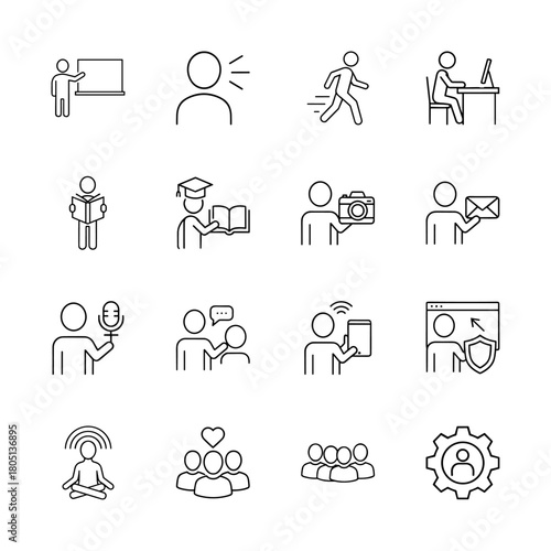User interaction line icon set. Vector pictograms of teaching, speaking, working, reading, photography, messaging, networking, privacy, and community, thin linear illustration.