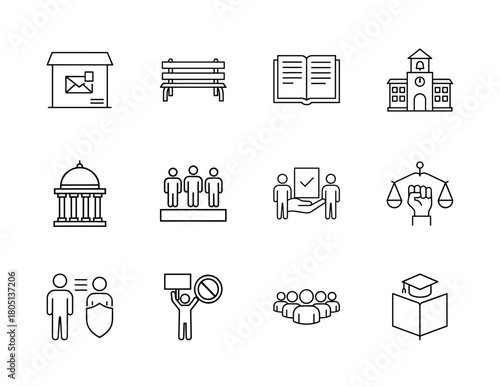 Social and civic engagement line icon set. Vector pictograms of election, justice, education, protest, community, government, and public places, thin linear illustration.