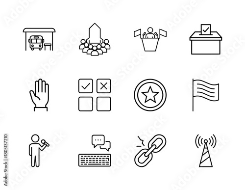 Civic engagement line icon set. Vector pictograms of bus stop, community, speaker, ballot box, raised hand, flag, microphone, and antenna, thin linear illustration.