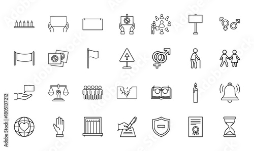 Human rights line icon set. Vector pictograms of candles, protest signs, crowd, gender symbols, scales, globe, shield, certificate, and hourglass, thin linear illustration.