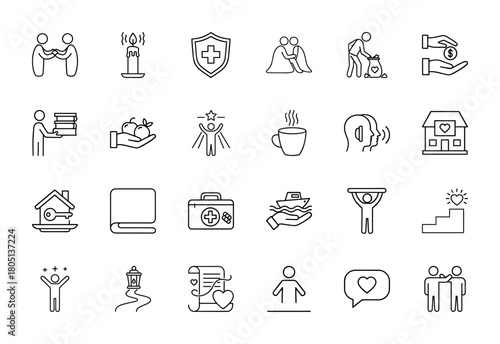 Humanitarian and social support line icon set. Vector pictograms of people helping, health shield, donation, education, home, medical kit, and relationships, thin linear illustration.
