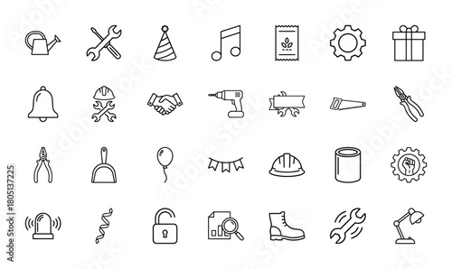 Diverse line icon set. Vector pictograms of tools, construction equipment, party hats, music notes, gifts, handshakes, gears, locks, and office lamps, thin linear illustration.