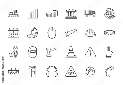 Industry and business line icon set. Vector pictograms of conveyor, chart, coins, bank, truck, wallet, hardhat, saw, drill, safety goggles, extinguisher, thin linear illustration.