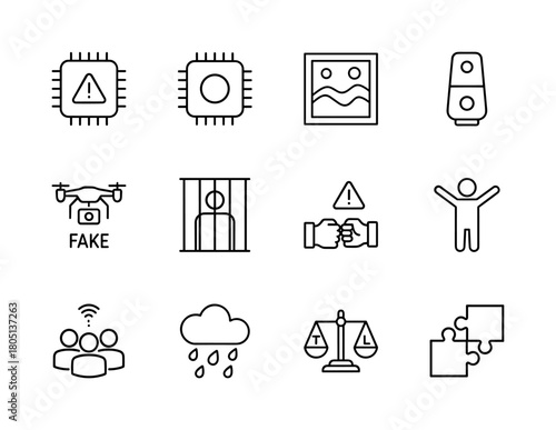 Digital and social concepts line icon set. Vector pictograms of warning chip, smart device, fake drone, imprisonment, conflict, community, justice scales, and puzzle, thin linear illustration.