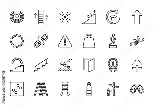 Business challenge line icon set. Vector pictograms of progress, obstacles, solutions, warning, decision, and success, thin linear illustration.