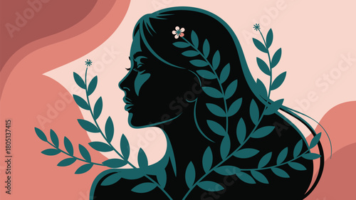 Elegant woman portrait amidst lush foliage and soft pastel colors, exuding calm beauty, perfect for spa, wellness, or beauty brand campaigns