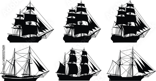 Vintage sailing ship silhouette set, antique wooden boat vector collection, historical sea vessel icons, nautical design elements.