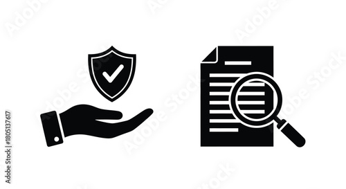 Security check and document review icons depicting protection and detailed examination