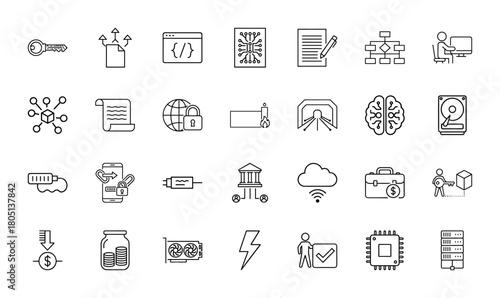 Digital technology and data security line icon set. Vector pictograms of key, code, circuit, cloud, brain, storage, blockchain, server, and finance, thin linear illustration.