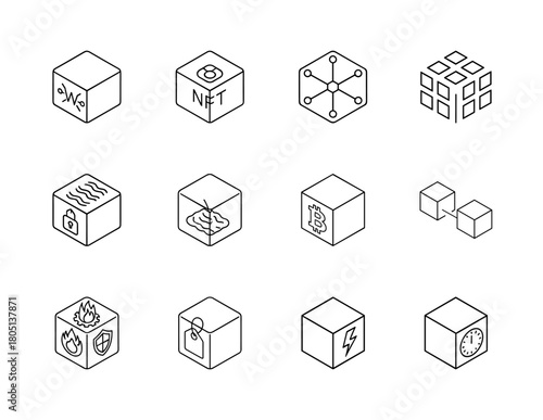 Blockchain and technology icon set. Vector pictograms of Web3, NFT, network, data blocks, security, AI, Bitcoin, chain, protection, tag, energy, and time, thin linear illustration.