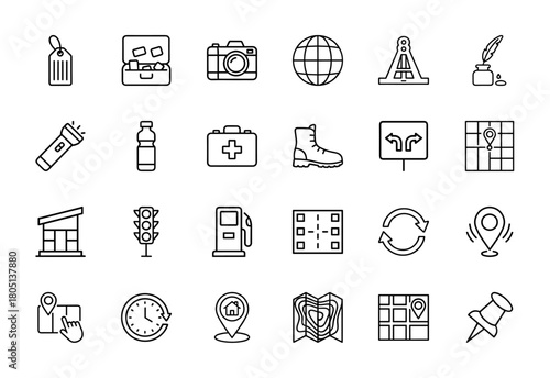 Travel and navigation line icon set. Vector pictograms of camera, globe, first aid kit, boot, directional sign, navigation map, gas pump, and location pin, thin linear illustration.