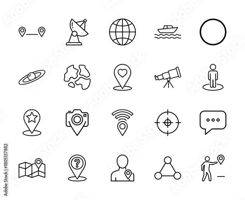 Location and navigation line icon set. Vector pictograms of map pins, satellite dish, globe, boat, telescope, camera, user location, and network points, thin linear illustration.