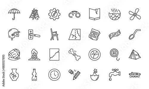Risk and hazard outline icon set. Vector pictograms of broken objects, cracked surfaces, fire, emergency items, and injury symbols, thin linear illustration.