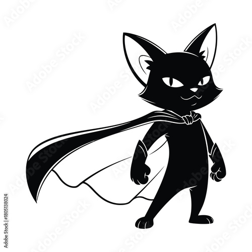 Illustration of a black cat superhero with cape isolated on