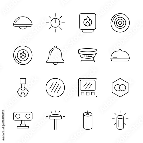 Smart home and security line icon set. Vector pictograms of light, sun, fire, radar, alarm, speaker, camera, control panel, and battery, thin linear illustration.
