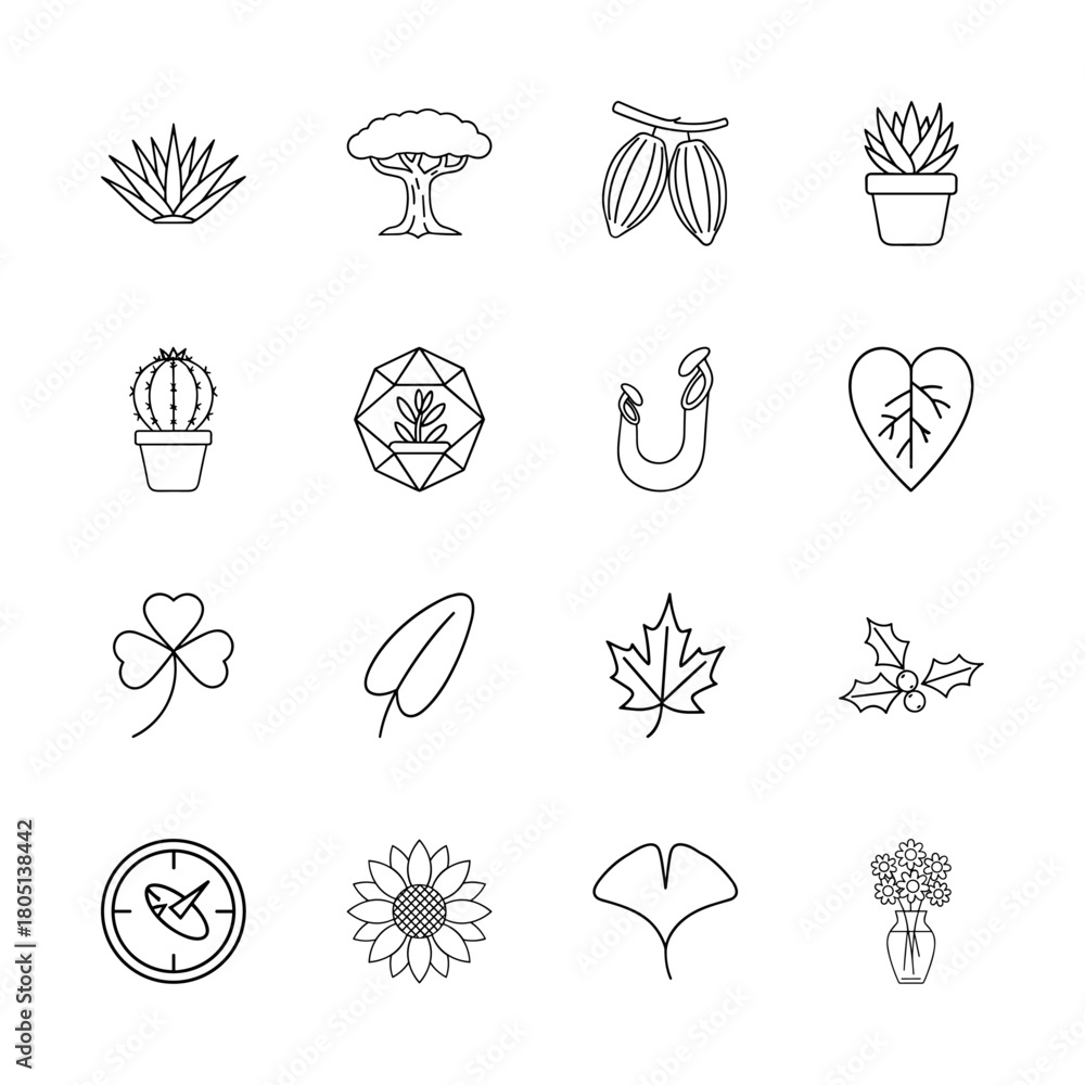 Obraz premium Nature line icon set. Vector pictograms of plants, trees, leaves, flowers, succulents, cacti, cacao, and holly, thin linear illustration.