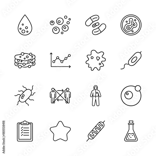 Biology and health line icon set. Vector pictograms of blood drop, cells, pills, petri dish, bacteria, protective suit, social distancing, graph, and flask, thin linear illustration.