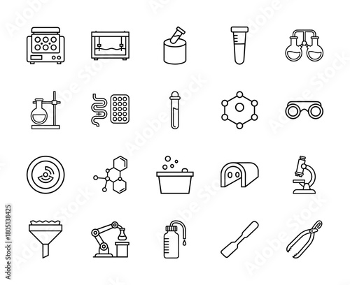Science and research line icon set. Vector pictograms of laboratory equipment, test tubes, flasks, microscope, molecules, and automation, thin linear illustration.