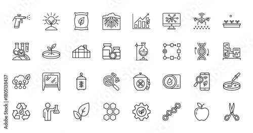 Smart farming and plant science line icon set. Vector pictograms of growth, drone, roots, greenhouse, DNA, lab, recycle, and apple, thin linear illustration.