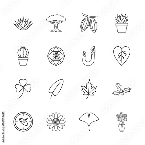 Nature line icon set. Vector pictograms of plants, trees, leaves, flowers, succulents, cacti, cacao, and holly, thin linear illustration.